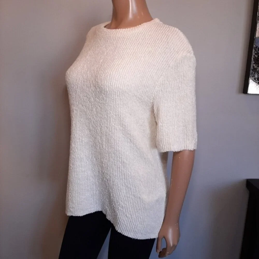 NEW Zara Oversized Ribbed Knit Short Sleeve Sweater Raw Hem Slouched Ivory - Picture 3 of 13